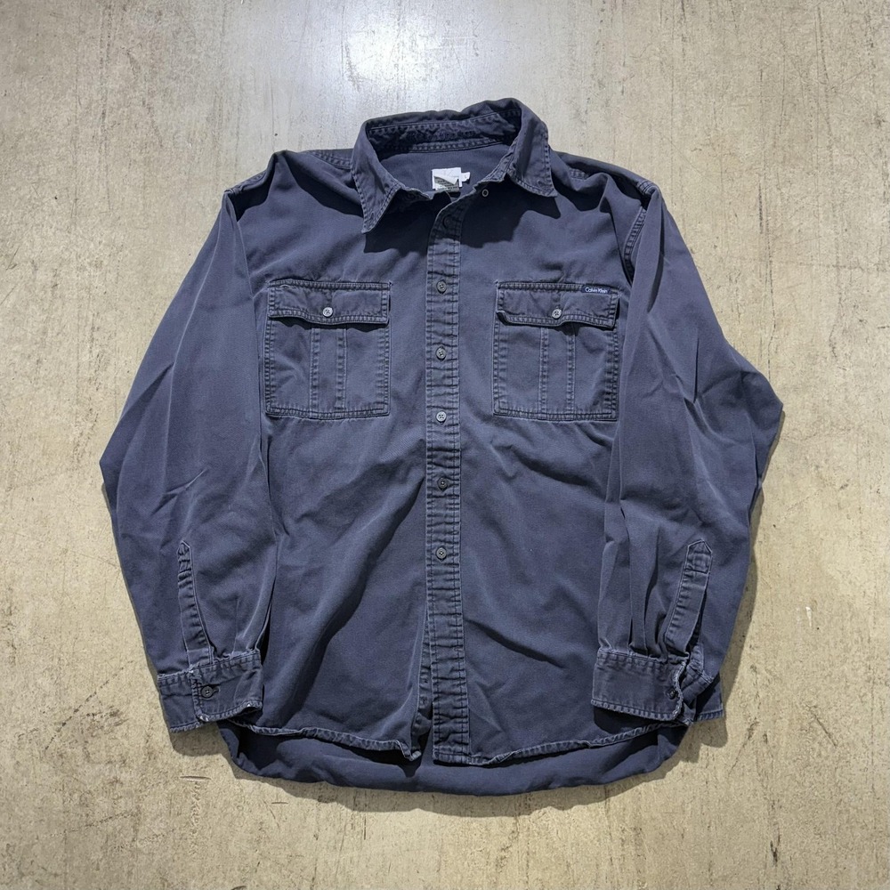 Calvin Klein Jeans Shirt Mens Large Blue Twill Button Front Pockets Casual